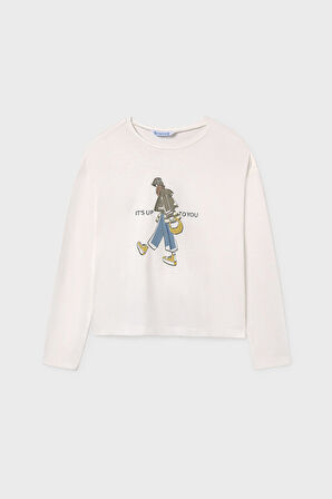 Kız Çocuk Grafik Baskılı Uzun Kollu T-Shirt - Krem | 16 Yaş