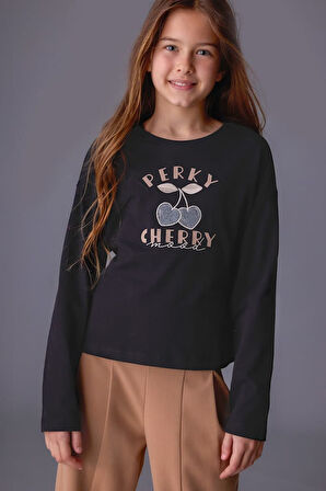 Kız Çocuk Simli Kiraz Baskılı Uzun Kollu T-Shirt - Siyah | 14 Yaş