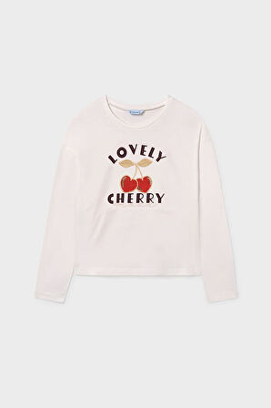 Kız Çocuk Kiraz Baskılı Uzun Kollu Ti-Shirt - Krem | 14 Yaş