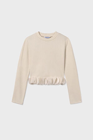 Kız Çocuk Normal Kalıp Etek Ucu Volanlı Fitilli Triko Bluz - Krem | 16 Yaş