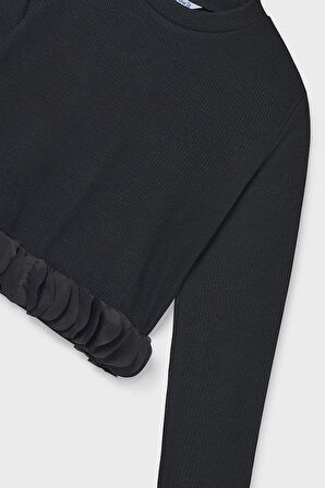 Kız Çocuk Etek Ucu Fırfırlı Fitilli Triko Kazak - Siyah | 16 Yaş