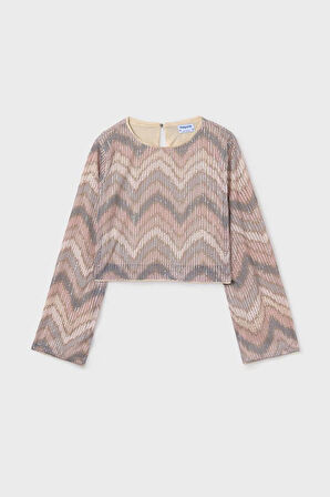 Kız Çocuk Zikzak Desenli İspanyol Kol Payetli Bluz - Pembe | 16 Yaş