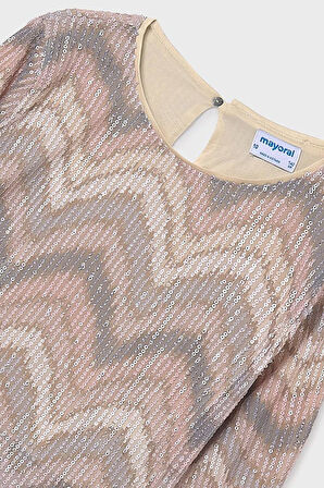 Kız Çocuk Zikzak Desenli İspanyol Kol Payetli Bluz - Pembe | 16 Yaş