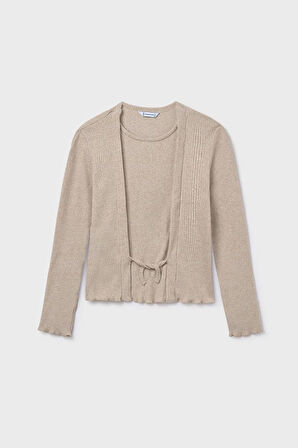 Kız Çocuk Önü Bağlamalı Örme Triko - Bej | 14 Yaş