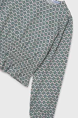 Kız Çocuk Beli Gipeli Geometrik Desenli Balon Kol Bluz - Çağla Yeşili | 10 Yaş