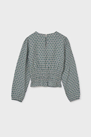 Kız Çocuk Beli Gipeli Geometrik Desenli Balon Kol Bluz - Çağla Yeşili | 12 Yaş