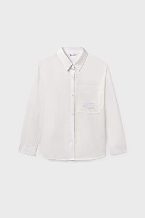 Kız Çocuk Regular Fit Nakışlı Cep Detaylı Gömlek - Krem | 16 Yaş