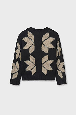 Kız Çocuk V Yaka Jakar Desenli Triko Hırka - Siyah/Bej | 16 Yaş