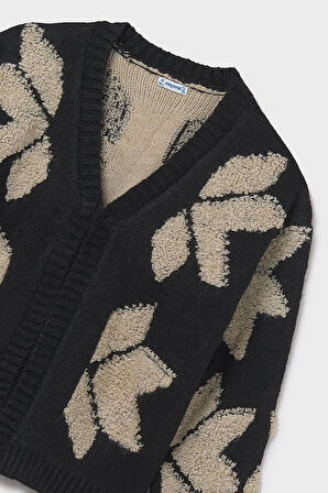 Kız Çocuk V Yaka Jakar Desenli Triko Hırka - Siyah/Bej | 16 Yaş