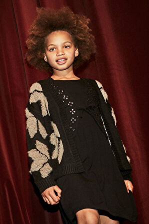 Kız Çocuk V Yaka Jakar Desenli Triko Hırka - Siyah/Bej | 16 Yaş