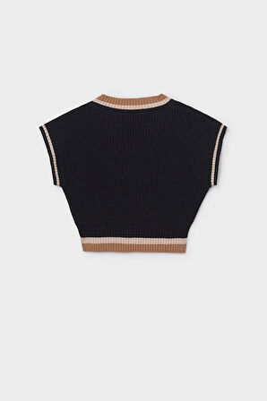 Kız Çocuk V Yaka Kontrast Şeritli Triko Süveter - Siyah | 16 Yaş