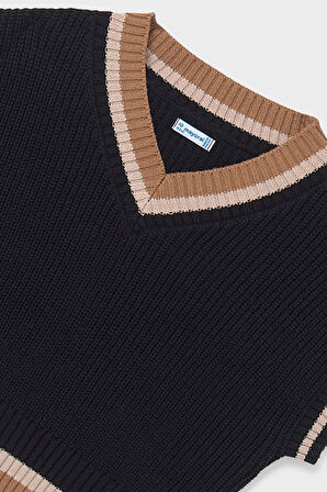 Kız Çocuk V Yaka Kontrast Şeritli Triko Süveter - Siyah | 16 Yaş