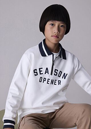 Mayoral Krem Erkek Çocuk Yakalı Fermuarlı Sweatshirt 7408