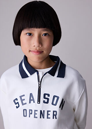 Mayoral Krem Erkek Çocuk Yakalı Fermuarlı Sweatshirt 7408