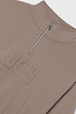 Kız Çocuk Yarım Fermuarlı Kabartma Yazılı Sweatshirt - Vizon | 12 Yaş