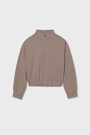 Kız Çocuk Yarım Fermuarlı Kabartma Yazılı Sweatshirt - Vizon | 16 Yaş