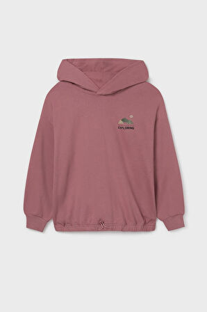 Kız Çocuk Baskılı Kapüşonlu Etek Ucu Büzgülü Sweatshirt - Gül Kurusu | 12 Yaş