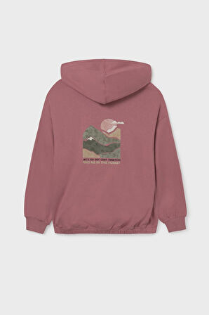 Kız Çocuk Baskılı Kapüşonlu Etek Ucu Büzgülü Sweatshirt - Gül Kurusu | 16 Yaş