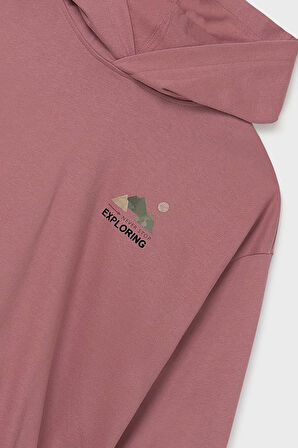 Kız Çocuk Baskılı Kapüşonlu Etek Ucu Büzgülü Sweatshirt - Gül Kurusu | 16 Yaş