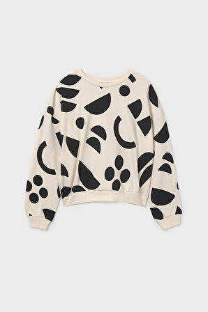 Kız Çocuk Soyut Desenli Sweatshirt - Krem/Siyah | 10 Yaş
