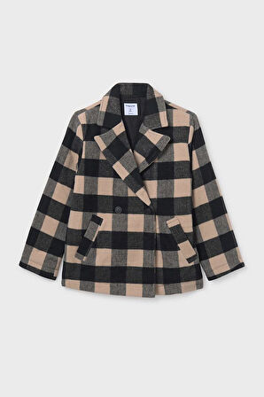 Kız Çocuk Normal Kalıp Kruvaze Yaka Jakarlı Ekose Kaban - Bej | 16 Yaş