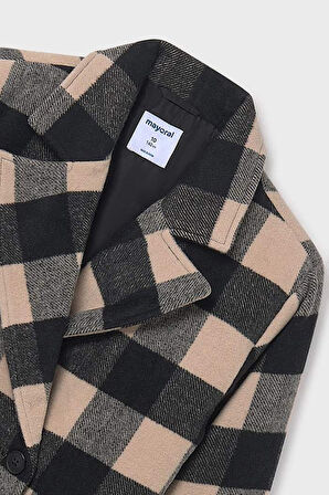 Kız Çocuk Normal Kalıp Kruvaze Yaka Jakarlı Ekose Kaban - Bej | 16 Yaş