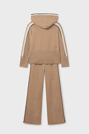 Kız Çocuk Kapüşonlu Yanları Şeritli Triko Takım - Camel | 14 Yaş