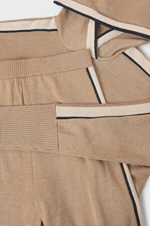 Kız Çocuk Kapüşonlu Yanları Şeritli Triko Takım - Camel | 14 Yaş