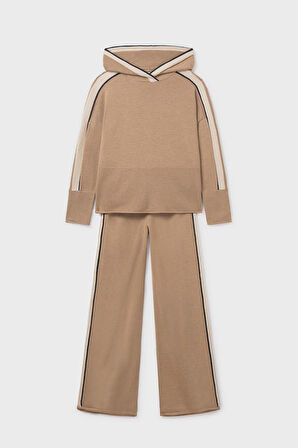 Kız Çocuk Kapüşonlu Yanları Şeritli Triko Takım - Camel | 16 Yaş