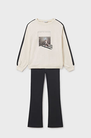 Kız Çocuk Baskılı Sweatshirt ve İspanyol Paça Taytlı Takım - Siyah/Krem | 16 Yaş