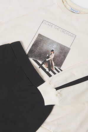 Kız Çocuk Baskılı Sweatshirt ve İspanyol Paça Taytlı Takım - Siyah/Krem | 16 Yaş