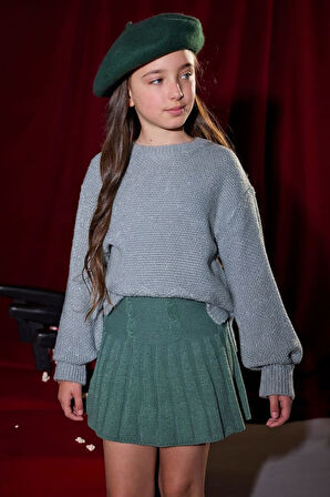 Kız Çocuk Saç Örgüsü Desenli Pileli Triko Etek - Yeşil | 16 Yaş