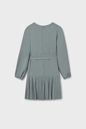 Kız Çocuk Normal Kalıp Eteği Piliseli ve Beli Kuşaklı Elbise - Adaçayı Yeşili | 10 Yaş