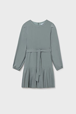 Kız Çocuk Normal Kalıp Eteği Piliseli ve Beli Kuşaklı Elbise - Adaçayı Yeşili | 14 Yaş