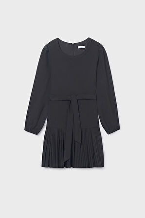 Kız Çocuk Normal Kalıp Eteği Piliseli ve Beli Kuşaklı Elbise - Siyah | 12 Yaş