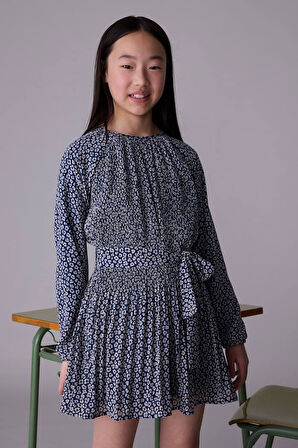 Kız Çocuk Kuşaklı Desenli Pliseli Elbise - Çok Renkli | 10 Yaş