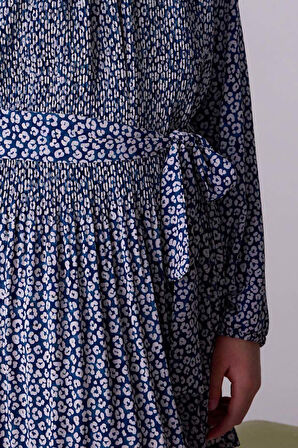 Kız Çocuk Kuşaklı Desenli Pliseli Elbise - Çok Renkli | 10 Yaş