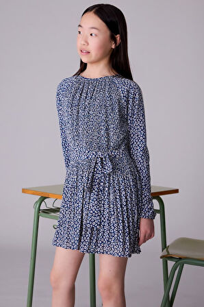 Kız Çocuk Kuşaklı Desenli Pliseli Elbise - Çok Renkli | 16 Yaş