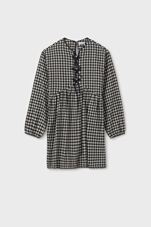 Kız Çocuk Rahat Kalıp Bağcık Detaylı Pötikare Elbise - Siyah | 16 Yaş