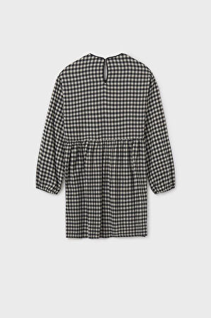 Kız Çocuk Rahat Kalıp Bağcık Detaylı Pötikare Elbise - Siyah | 16 Yaş