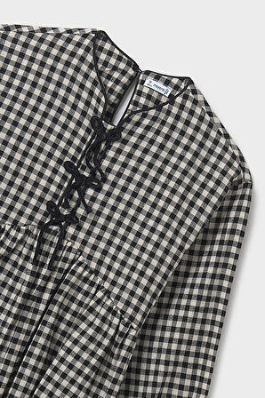 Kız Çocuk Rahat Kalıp Bağcık Detaylı Pötikare Elbise - Siyah | 16 Yaş