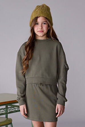 Kız Çocuk Kısa Sweatshirt ve Kargo Etekli Takım - Yeşil | 12 Yaş