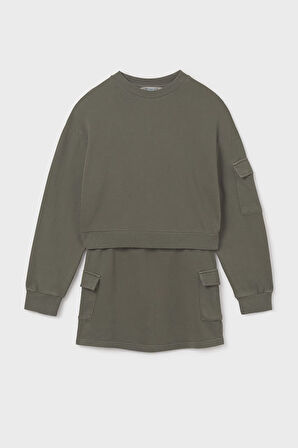 Kız Çocuk Kısa Sweatshirt ve Kargo Etekli Takım - Yeşil | 16 Yaş