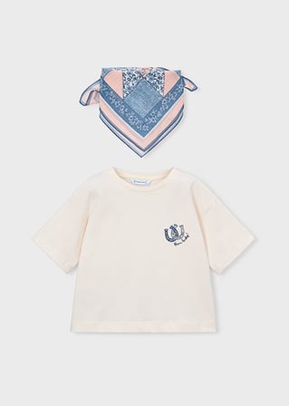 Mayoral Kız Çocuk Desenli Fularlı T-shirt Takım Krem - 03009
