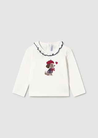 Mayoral Kız Bebek Krem Fırfırlı Yaka Uzun Kollu Baskılı T-shirt 2090