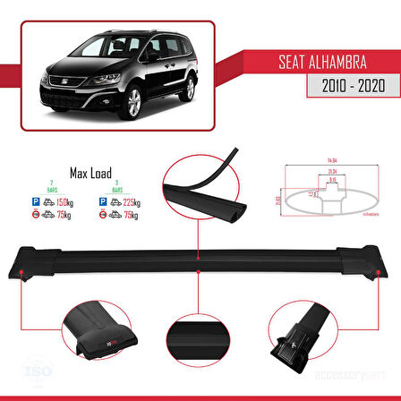 Seat Alhambra 2 (7N) 2010-2020 Arası ile Uyumlu FLY Model Ara Atkı Tavan Barı Siyah 2 Adet