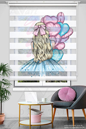 Kalpli Balonlar ve Prenses Baskılı Zebra Stor Perde - Mavi Pembe - Genç Odası Perdesi