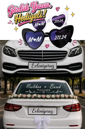 Gözlük Yazısı Hediyeli , Gelin Arabası İçin Arka Cam Yazısı, Evleniyoruz Plaka Yazısı 3 lü Set Sticker Gelin Arabası Süsü