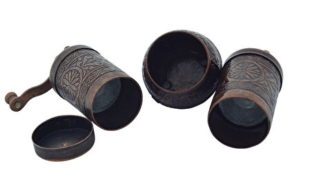 LUDIA Osmanlı Arması Motifli Baharat Değirmeni Bakır Renk 2 li Set Top Küpe Hediyeli!