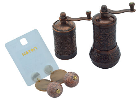 LUDIA Osmanlı Arması Motifli Baharat Değirmeni Bakır Renk 2 li Set Top Küpe Hediyeli!
